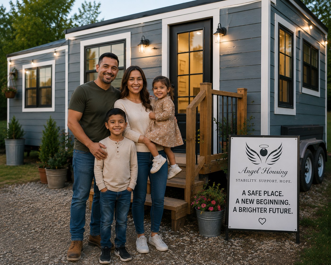 An Angel Housing family in front of their new tiny home
