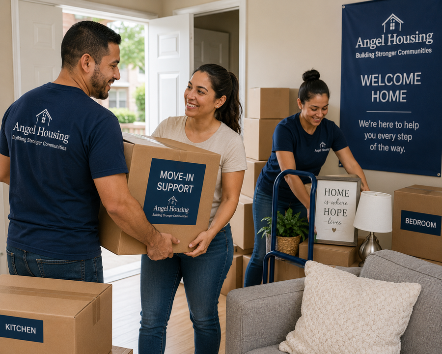 Volunteers helping a family move in